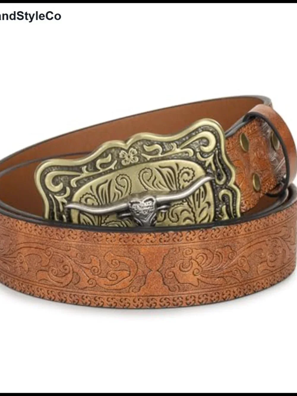Western Floral Embossed PU Leather Belt with Cow Head Buckle for Jeans